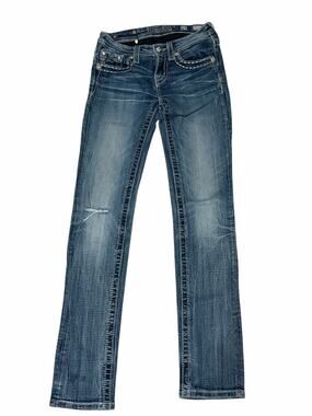 Miss Me Girls Skinny Low Rise Jeans Size 14 Medium Wash Bling Flap Pockets